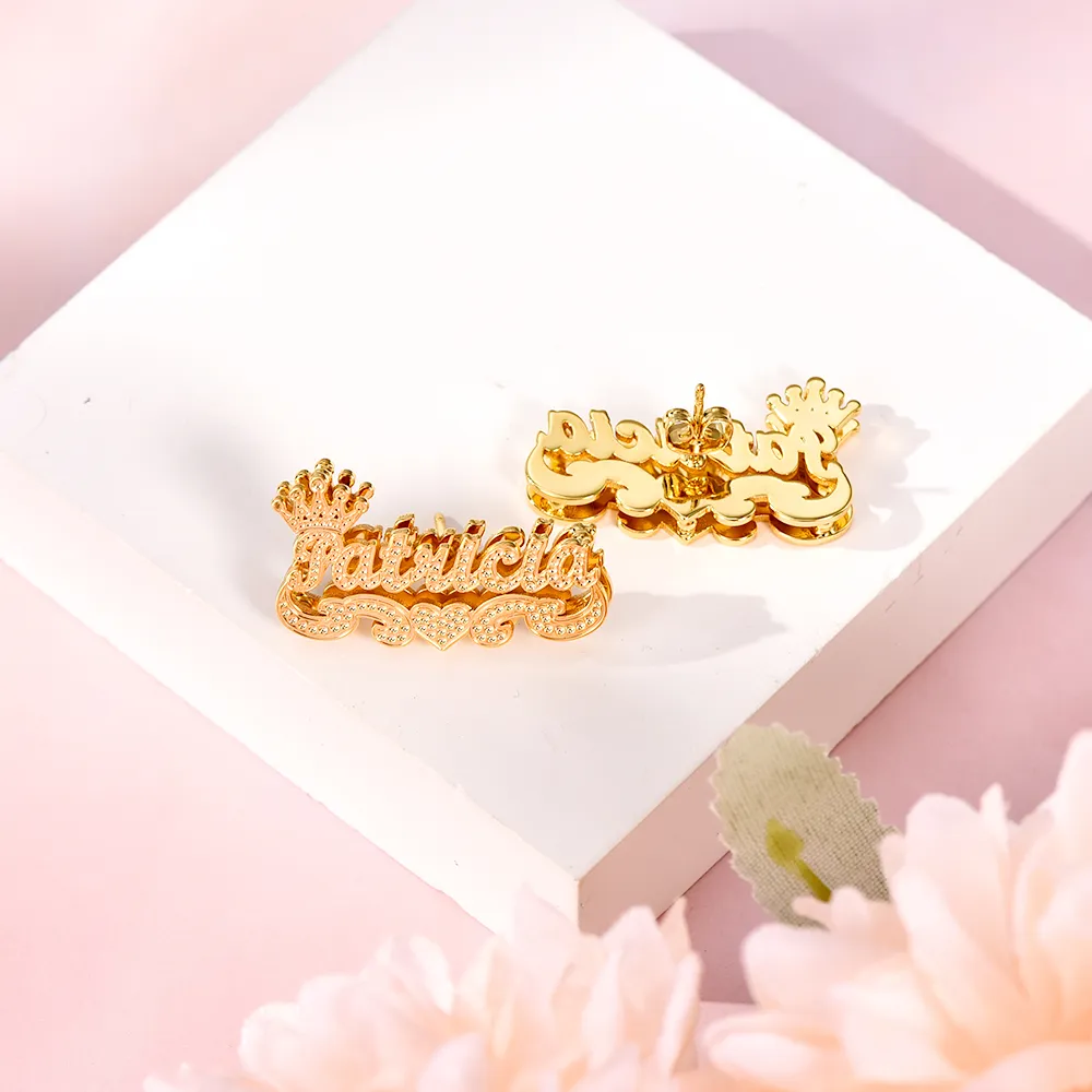 Crown Nameplate Set Personalized Double Plated Name Necklace Custom Name Stud Earrings