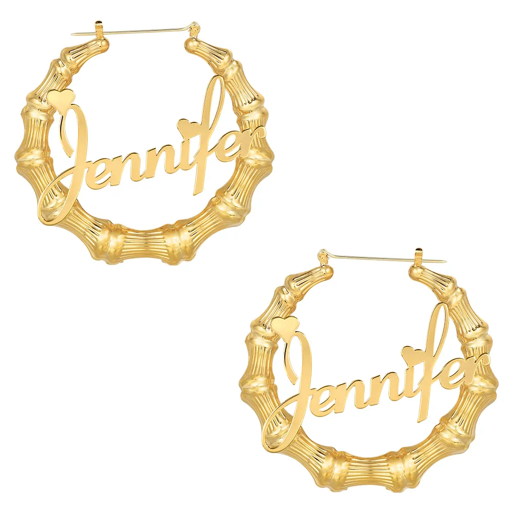 Personalized Heart Name Bamboo Hoop Earrings Custom Name Earrings