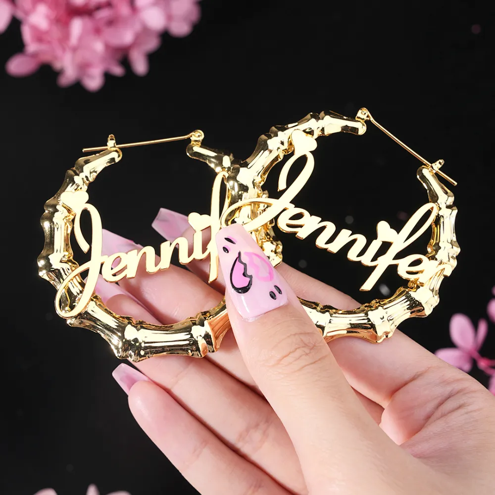 Personalized Heart Name Bamboo Hoop Earrings Custom Name Earrings