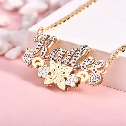 Butterfly Pendant Personalized Double Layer Name Necklace And Zircon Necklace 2 Piece Set