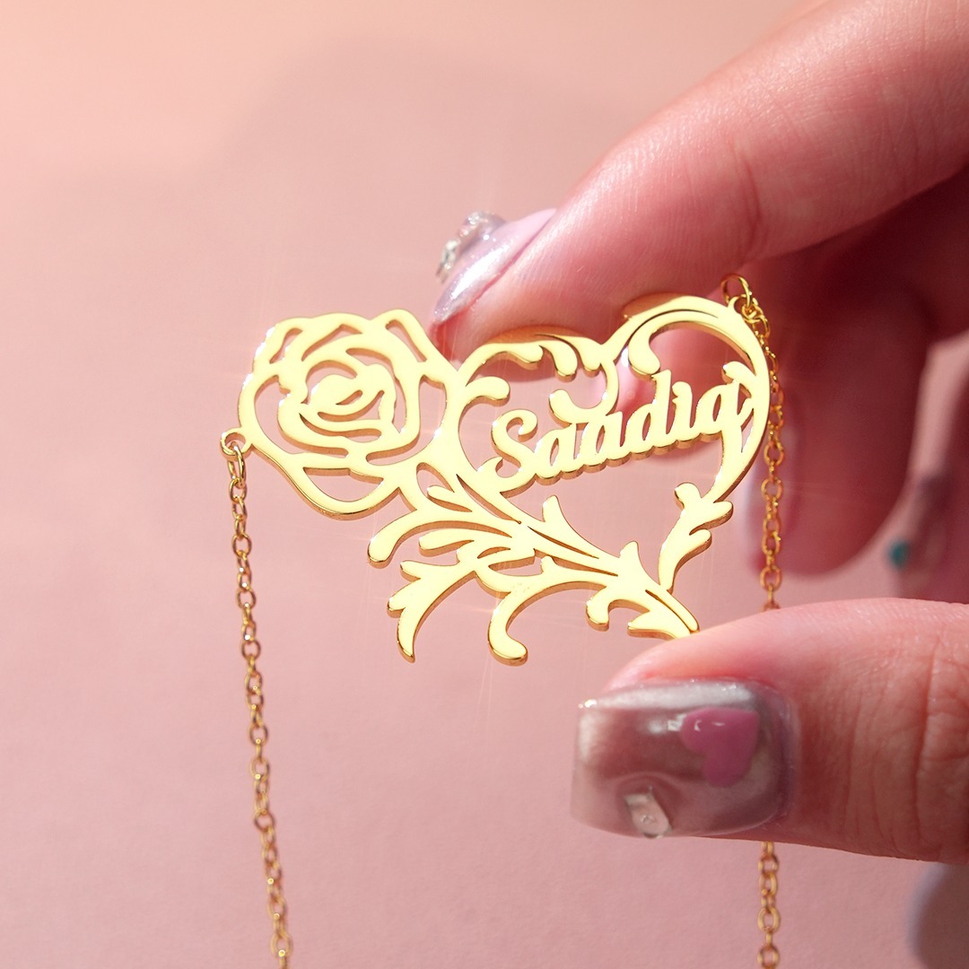 Rose Heart Pendant Personalized Custom Gold Plated Name Necklace