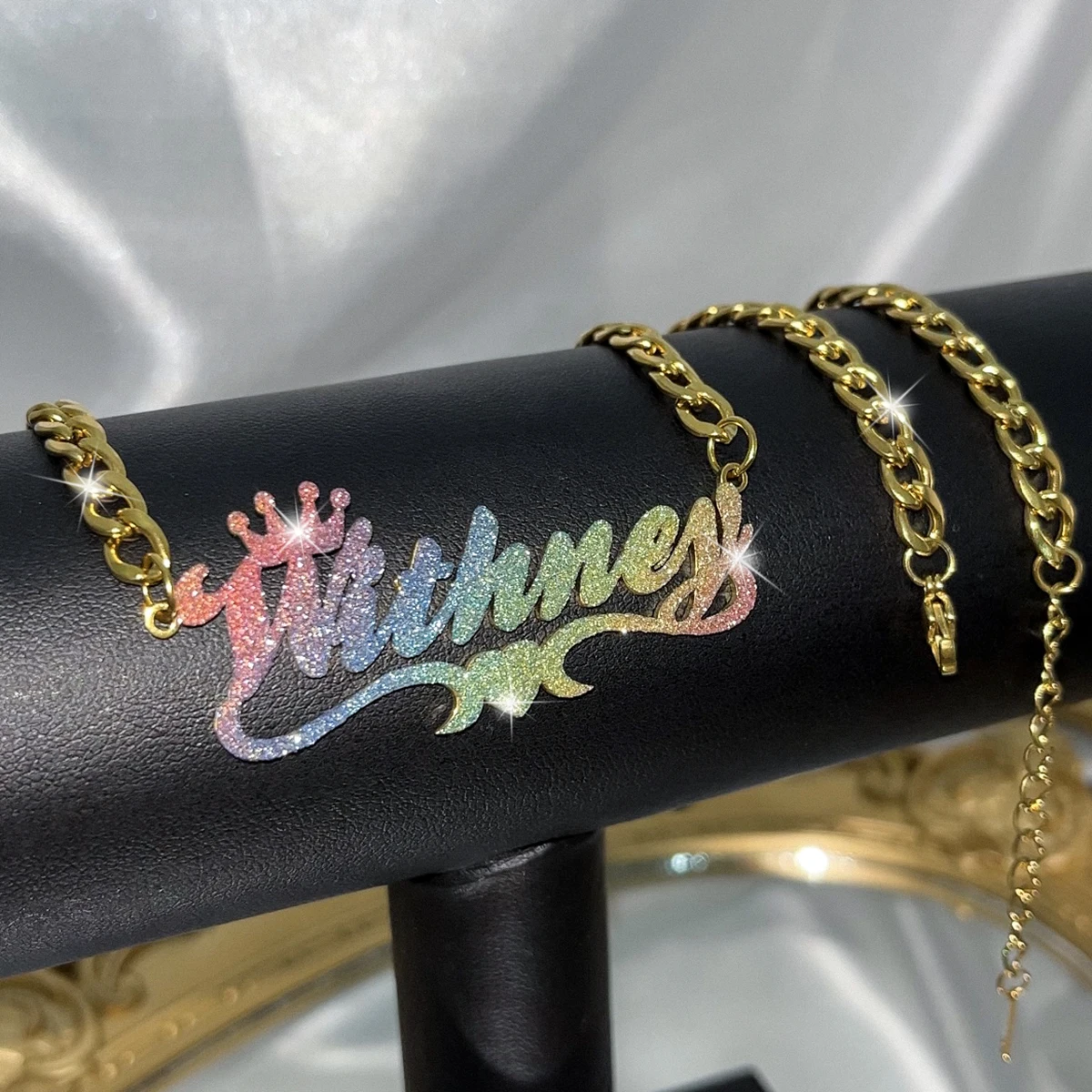 Personalized Cuban Chain Colorful Crown Name Necklace with Heart