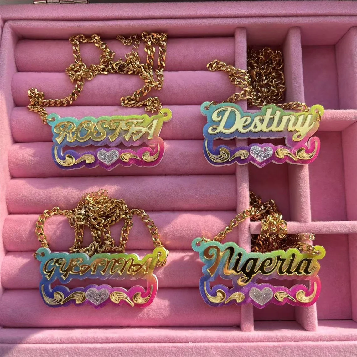 Personalized Custom Double Plate Colorful Acrylic Nameplate with Heart Gold Plated Name Necklace