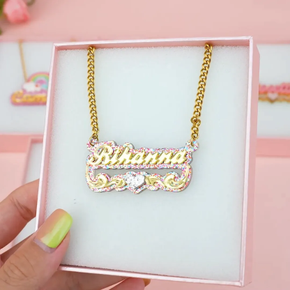 Double Plate Colorful Acrylic Nameplate with Heart Personalized Custom Name Necklace