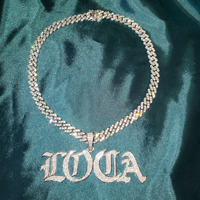 Hip Hop Style Iced Out Cuban Chain 2-6 Letters Old English Custom Initial Necklace