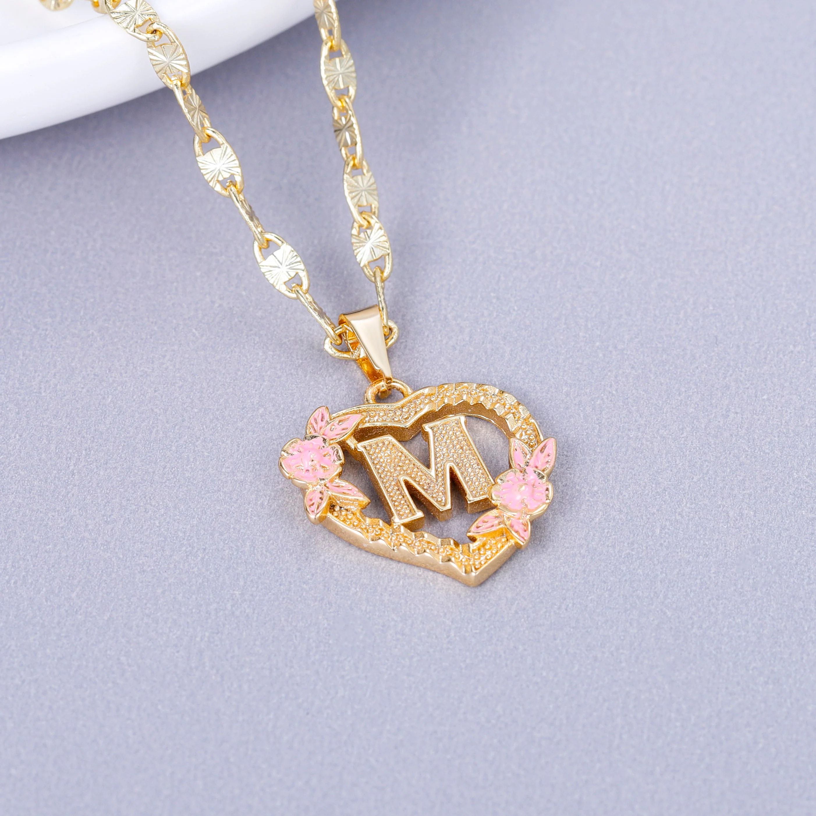 Heart Shaped Pink Enamel Flower Personalized Custom A-Z Initial Letter Necklace