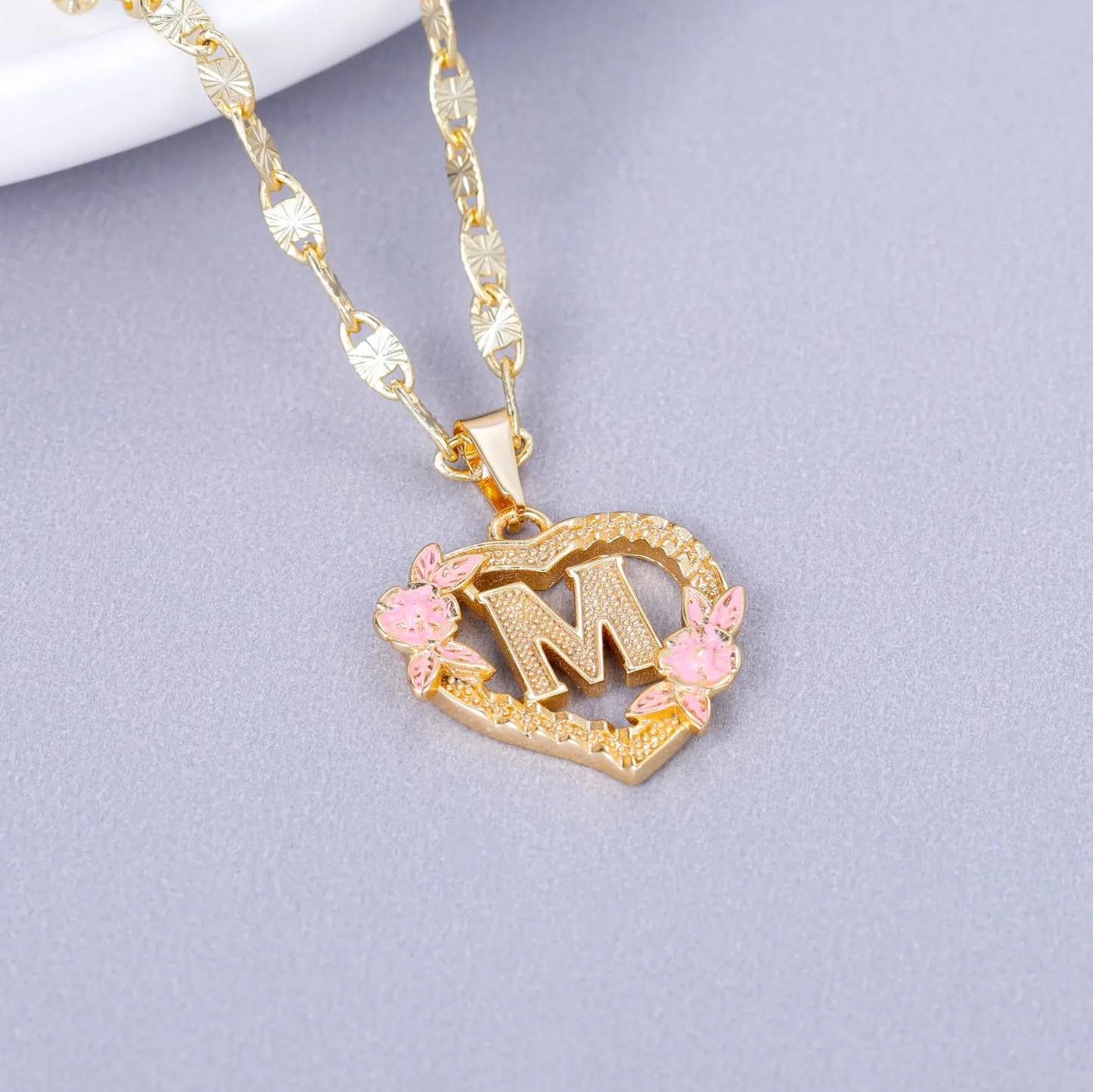 Heart Shaped Pink Enamel Flower Personalized Custom A-Z Initial Letter Necklace