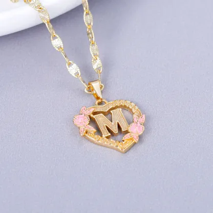 Heart Shaped Pink Enamel Flower Personalized Custom A-Z Initial Letter Necklace