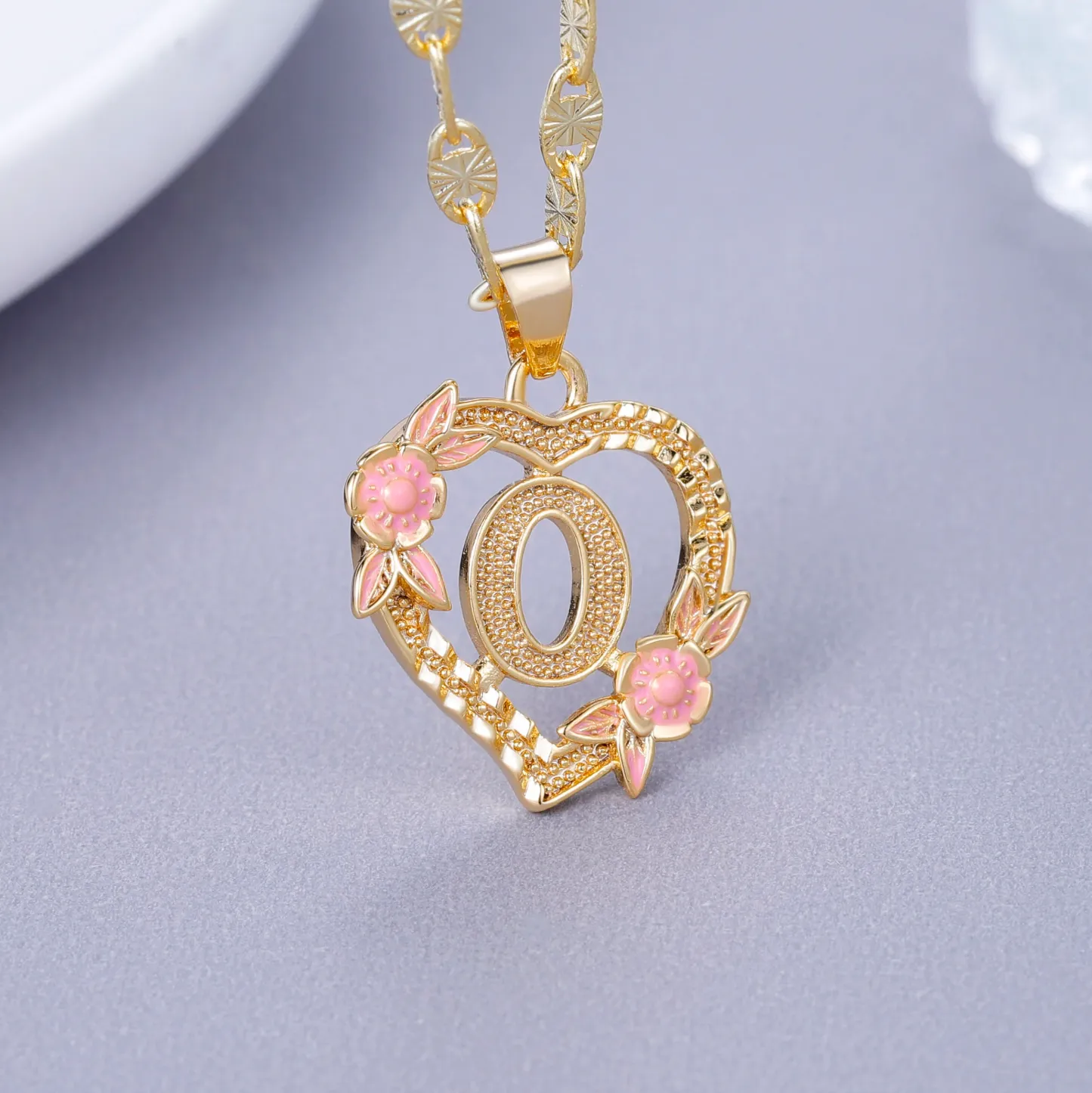 Heart Shaped Pink Enamel Flower Personalized Custom A-Z Initial Letter Necklace