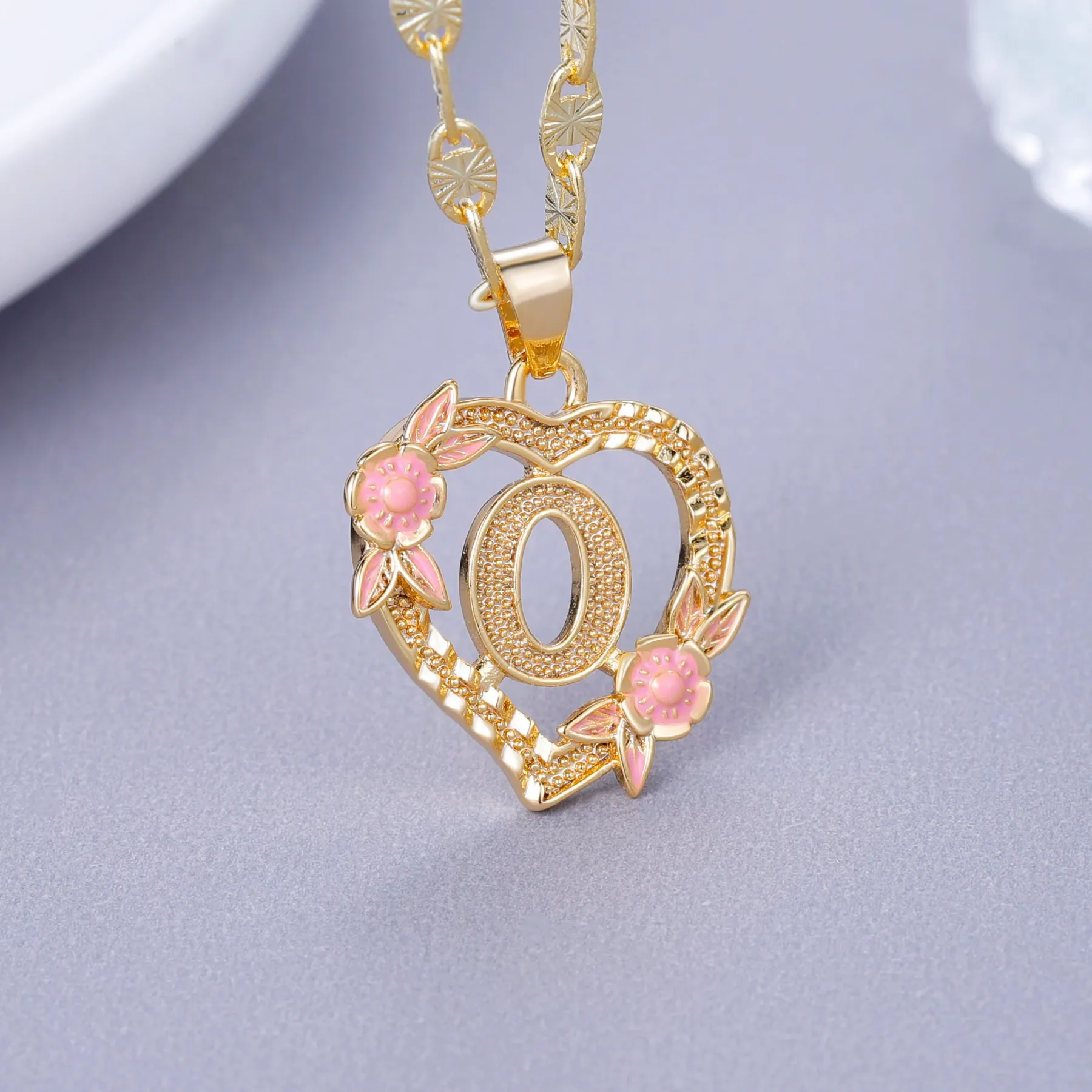 Heart Shaped Pink Enamel Flower Personalized Custom A-Z Initial Letter Necklace