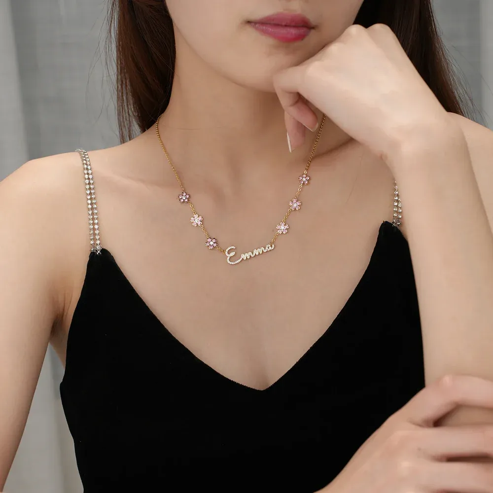 Crystal Nameplate Flower Pendant Personalized Custom White Gold Name Necklace