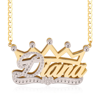 Cuban Chain Two Tone Crown Heart Nameplate Personalized Custom Gold Plated 3D Name Necklace