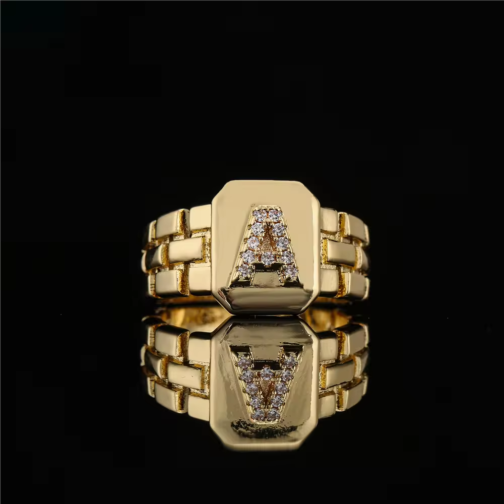 A-Z Letter Inlaid Zircon Open Watch Band Square Ring Personalized Custom Initial Ring