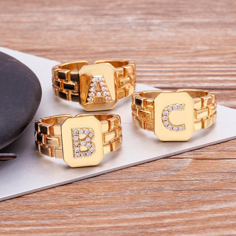 A-Z Letter Inlaid Zircon Open Watch Band Square Ring Personalized Custom Initial Ring