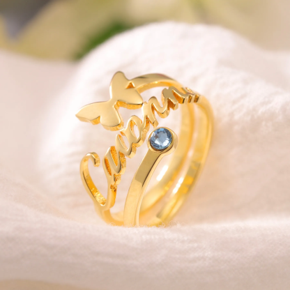 Butterfly Jewelry Set Personalized Double Plated Name Necklace And Birthstone Name Rings