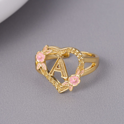 Heart Shaped Pink Enamel Flower Gold Plated Personalized Custom A-Z Initial Letter Ring