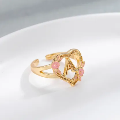 Heart Shaped Pink Enamel Flower Gold Plated Personalized Custom A-Z Initial Letter Ring