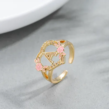 Heart Shaped Pink Enamel Flower Gold Plated Personalized Custom A-Z Initial Letter Ring