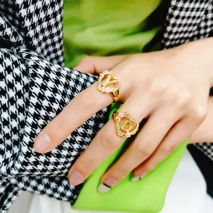 Heart Shaped Pink Enamel Flower Gold Plated Personalized Custom A-Z Initial Letter Ring