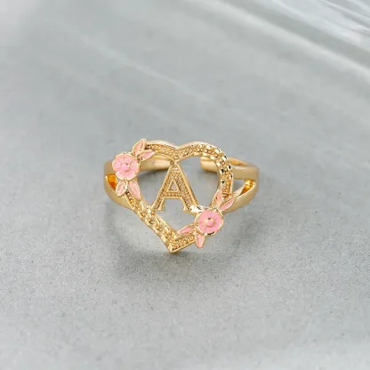 Heart Shaped Pink Enamel Flower Gold Plated Personalized Custom A-Z Initial Letter Ring