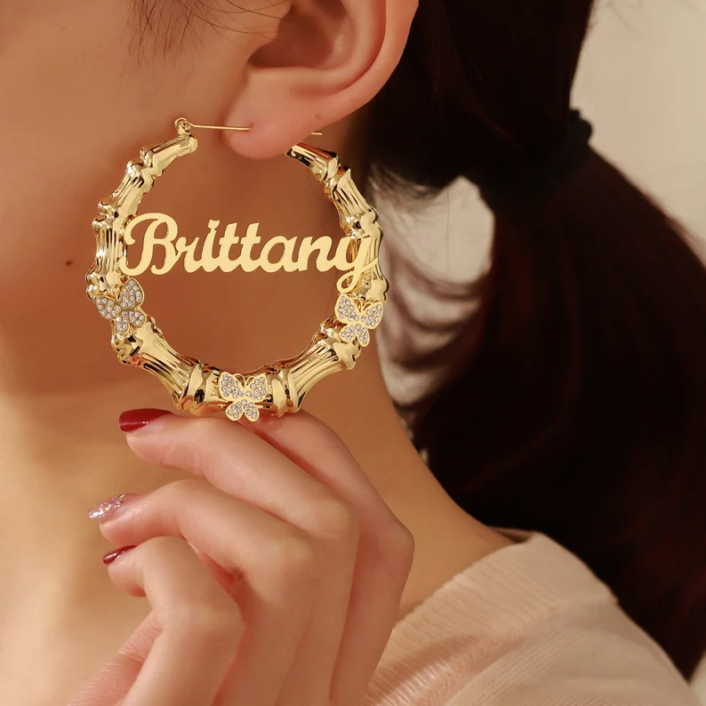 Butterfly Personalized Custom Gold Plated Name Bamboo Earrings