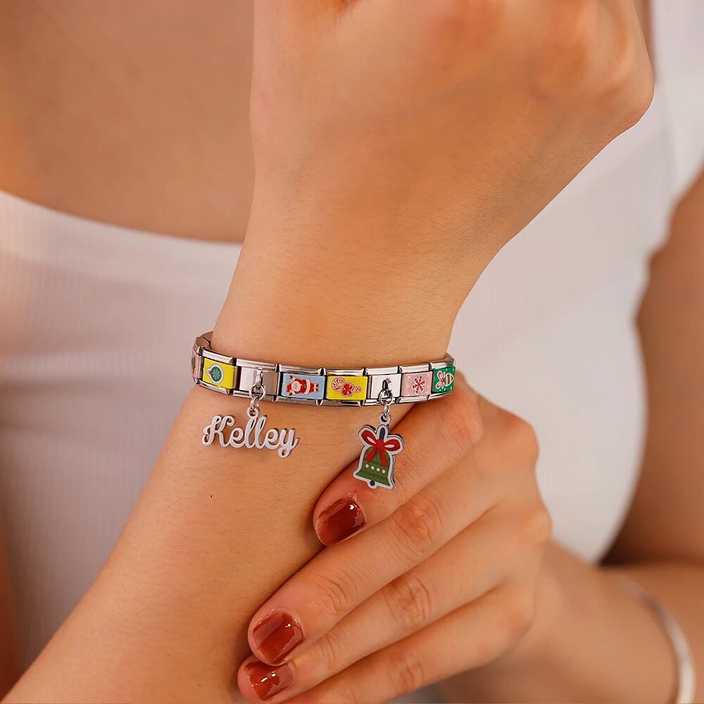 Custom Name Bracelet Featuring 6 Personalized Photos Gift for Christmas 