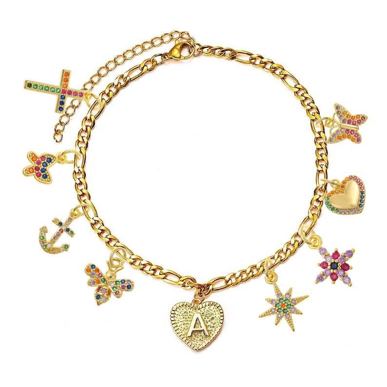 Personalized Heart Cross Charming Pendant Gold Plated Initial Bracelet