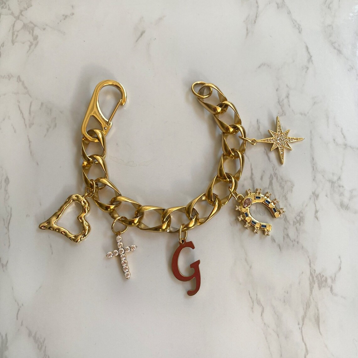Personalized Heart Cross Lovely Pendants Chunky Chain Initial Bracelet 