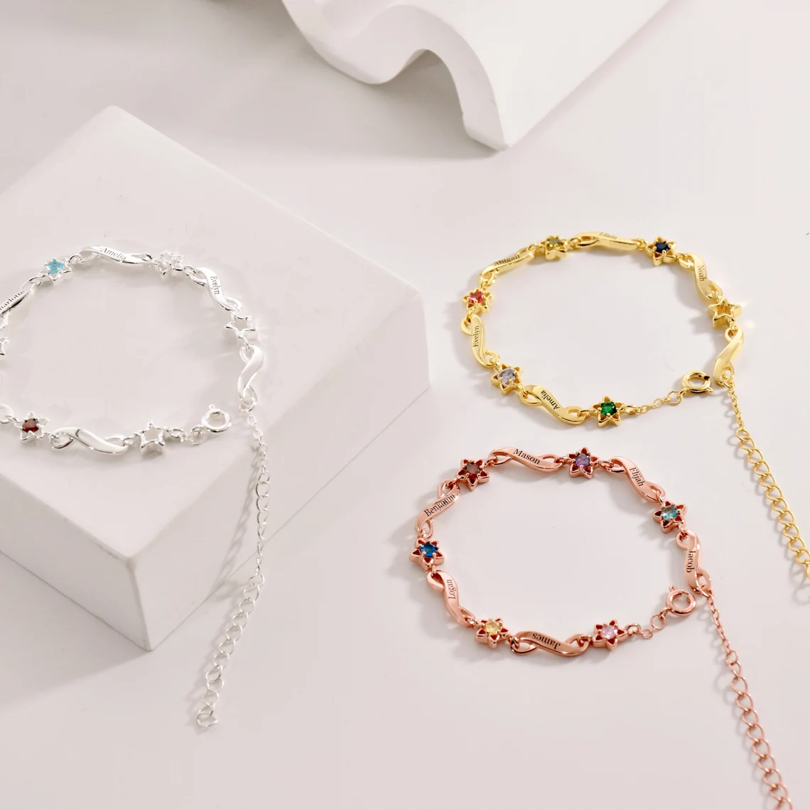 Custom Engraved Birthstone Cuban Chain Family Bracelet Personalized Name Bracelet 