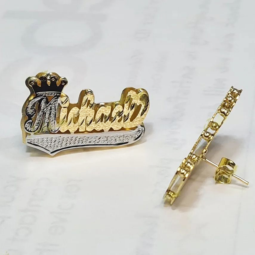 Crown Double Plate Tow Tone Personalized Custom Name Stud Earrings