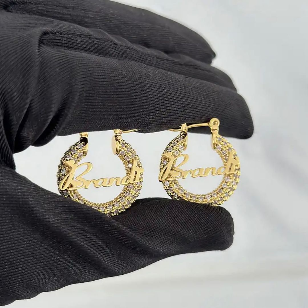 25mm Iced Out Hoop Nameplate Earrings Personalized Name Earrings
