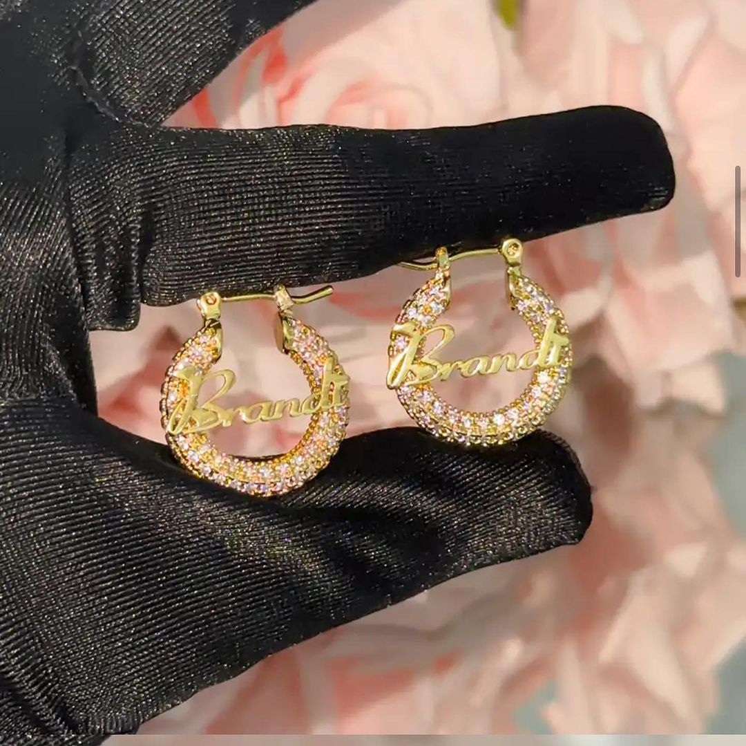 25mm Iced Out Hoop Nameplate Earrings Personalized Name Earrings