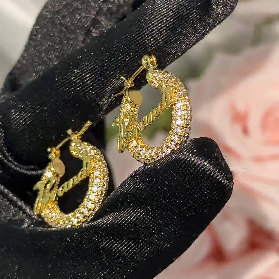 25mm Iced Out Hoop Nameplate Earrings Personalized Name Earrings