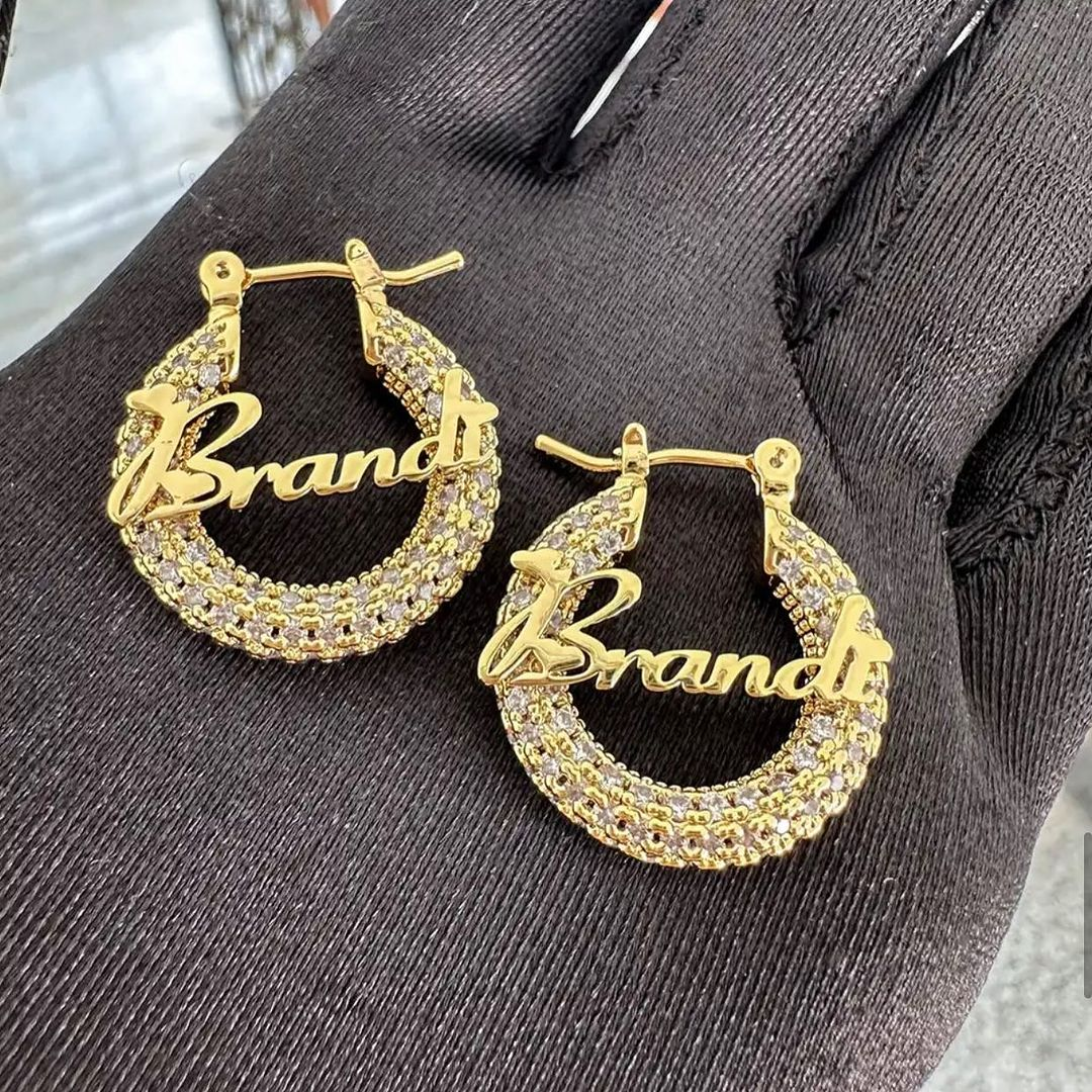 25mm Iced Out Hoop Nameplate Earrings Personalized Name Earrings