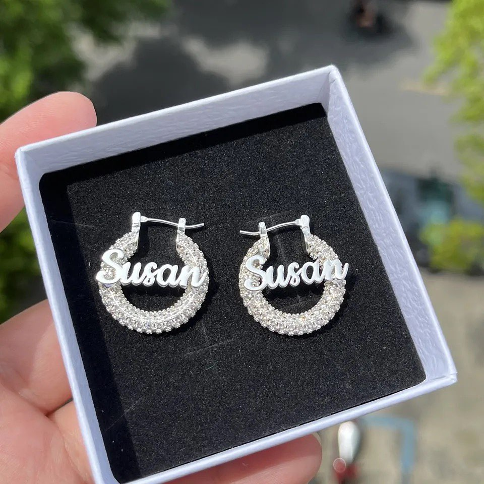 25mm Iced Out Hoop Nameplate Earrings Personalized Name Earrings