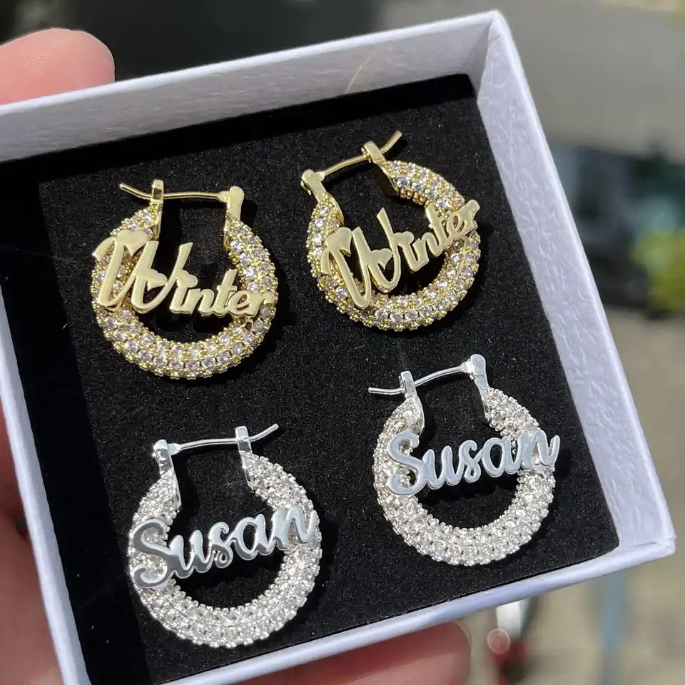 25mm Iced Out Hoop Nameplate Earrings Personalized Name Earrings