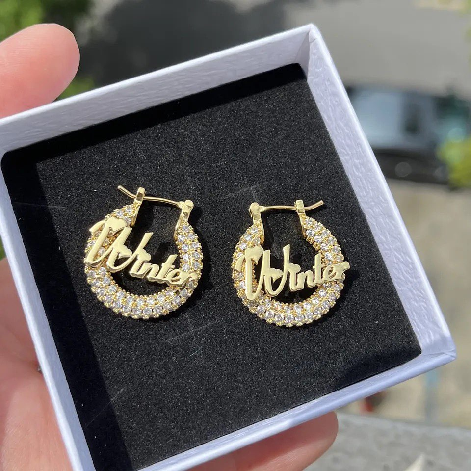 25mm Iced Out Hoop Nameplate Earrings Personalized Name Earrings