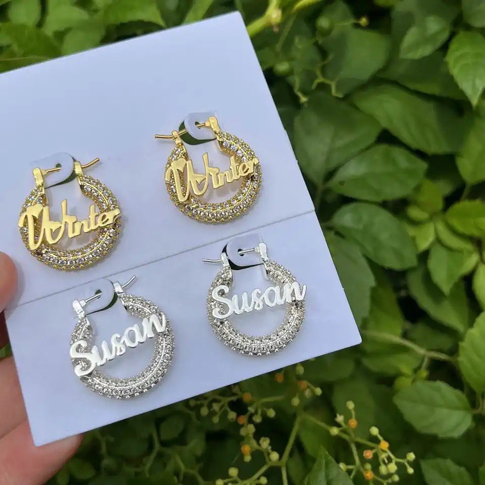 25mm Iced Out Hoop Nameplate Earrings Personalized Name Earrings