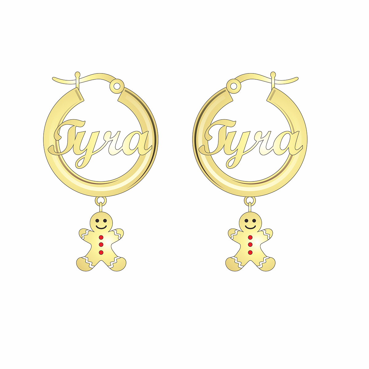 Personalized 30mm Gingerbread Man Gold Plated Hoop Name Earrings