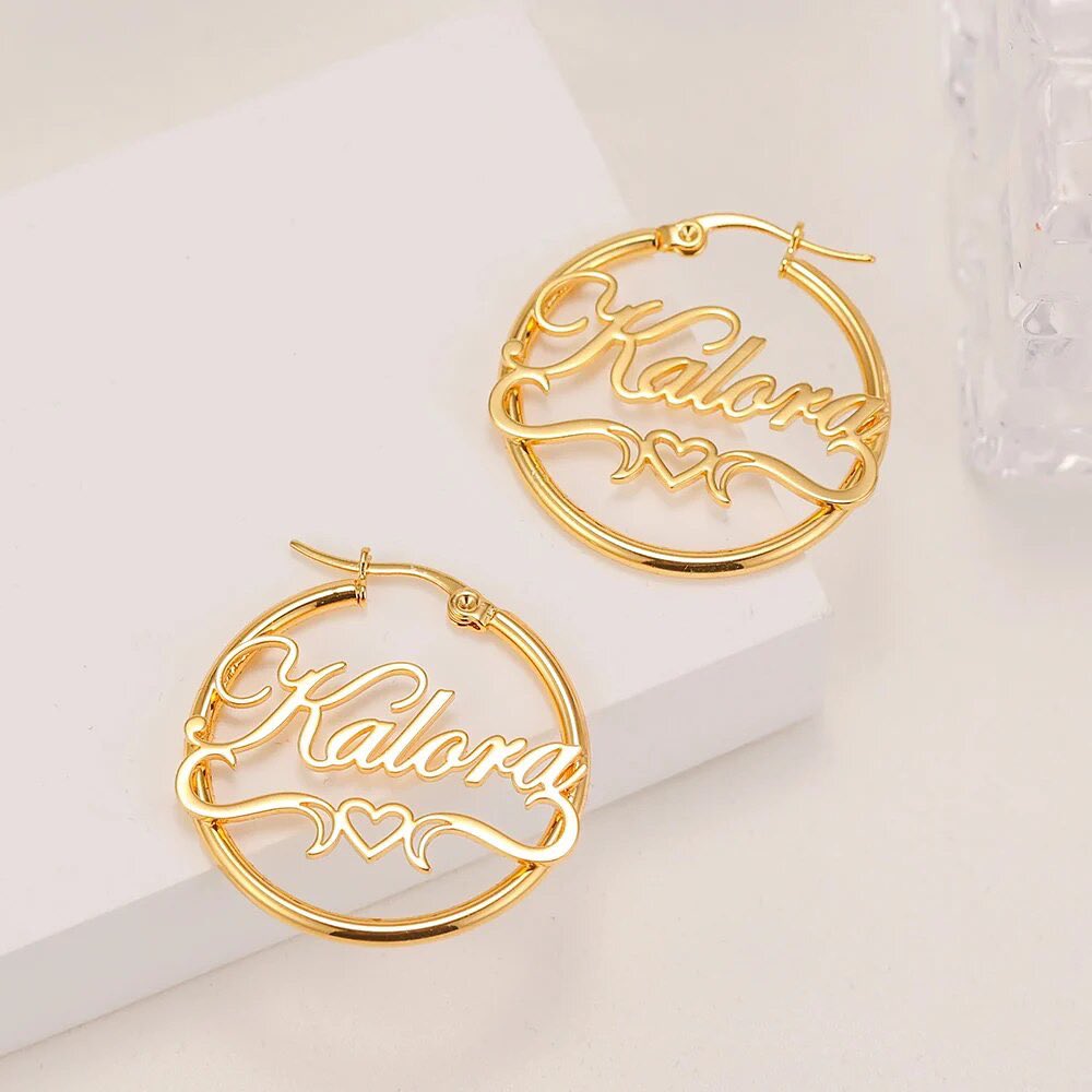 Personalized Gold Plated Heart Ribbon Name Earrings