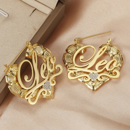 Personalized Heart with Zircon Name Bamboo Earrings