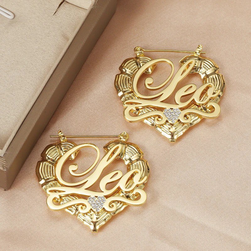 Personalized Heart with Zircon Name Bamboo Earrings