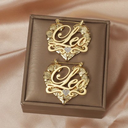 Personalized Heart with Zircon Name Bamboo Earrings