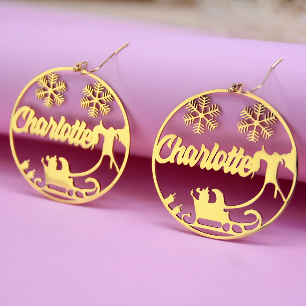 Gold Plated Snowman Carriage Elk Personalized Hoop Name Earrings 