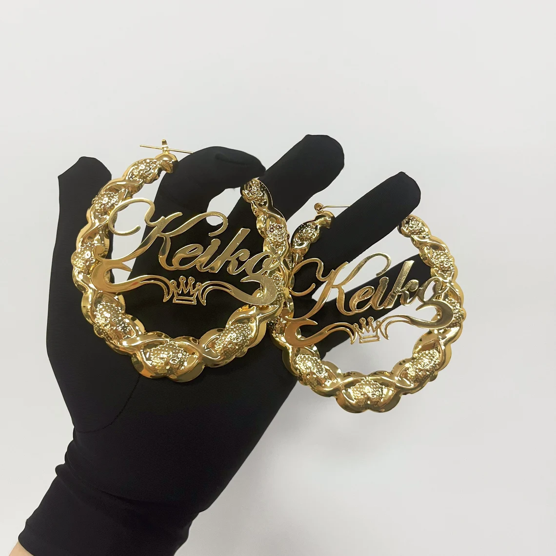 XOXO Bamboo Crown Nameplate Personalized Hoop Name Earrings