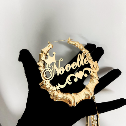 Crown Butterfly Stars Nameplate Personalized Bamboo Name Earrings 