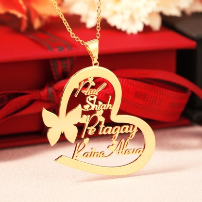 Heart Shaped 2-6 Names Butterfly Pendant Personalized Custom Gold Plated Name Necklace Family Necklace