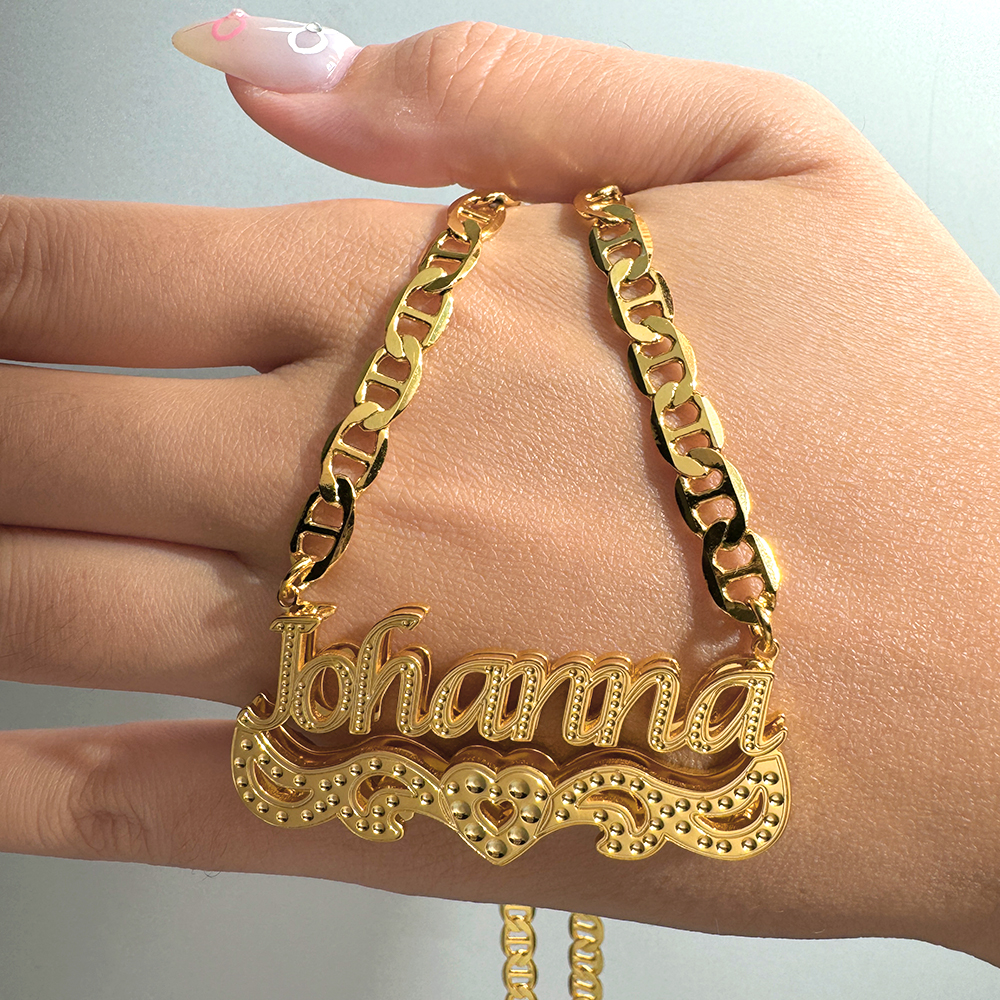 Double Layer Nameplate with Heart Mariner Chain Personalized Name Neck