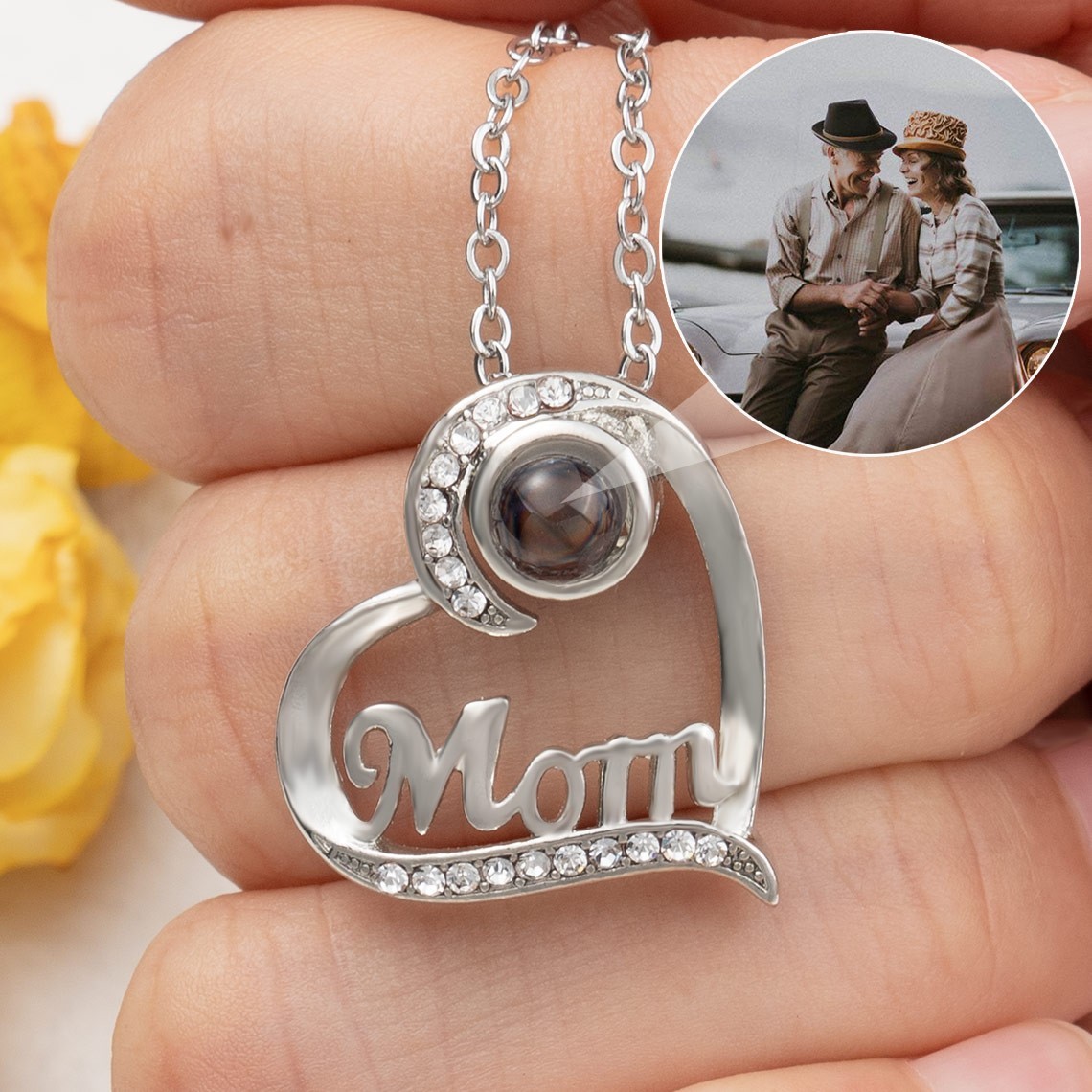 Personalized Mom Heart Photo Projection Necklace with Look Through Picture