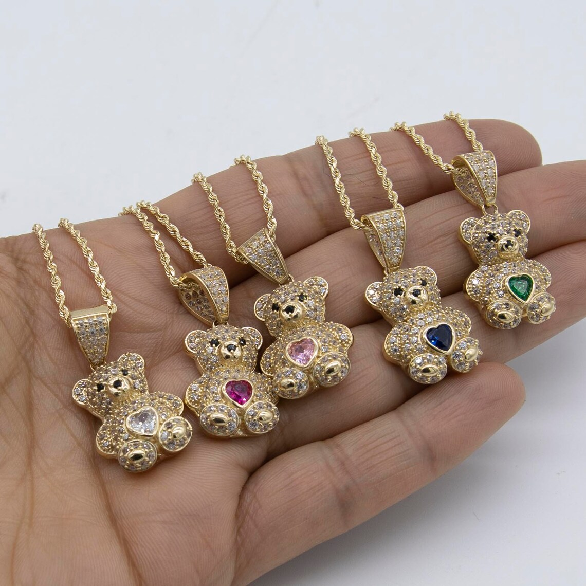Personalized Bear Set Two Tone Name Necklace And Birthstone Bear Necklace